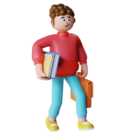 Young Man Walking With Holding Office Bag And Files  3D Illustration