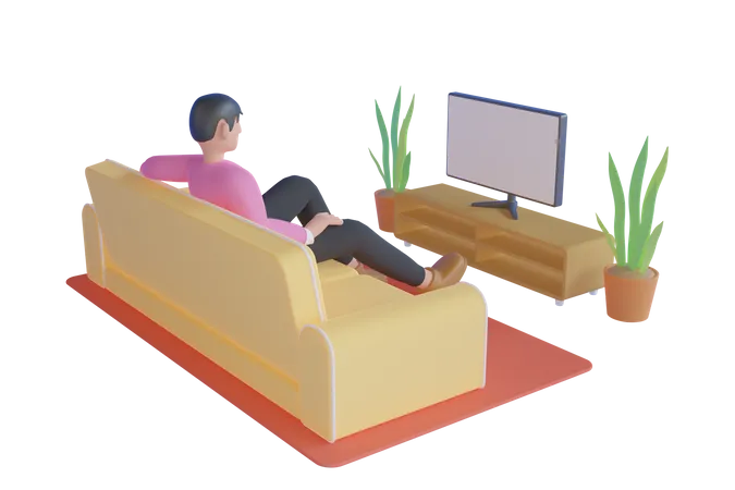 Young man watching a movie want to have fun at home  3D Illustration