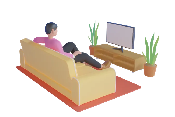 Young man watching a movie want to have fun at home 3D Illustration