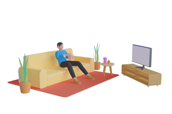 Young man watching a movie with popcorn  3D Illustration