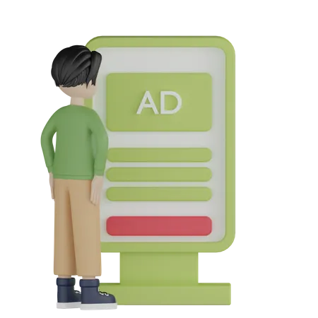 Young man watching ad on billboard  3D Illustration