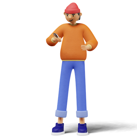 Young man watching on phone screen 3D Illustration