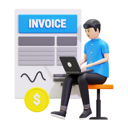 Young Man Watching Online Invoice On Laptop  3D Icon