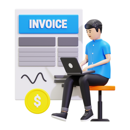 Young Man Watching Online Invoice On Laptop  3D Illustration