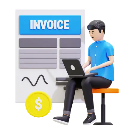 Young Man Watching Online Invoice On Laptop  3D Illustration