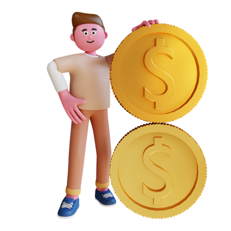 Young Man With Big Dollar Coin 3D Illustration