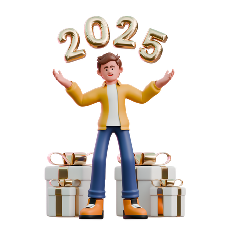 Young Man With New Year Balloons  3D Illustration