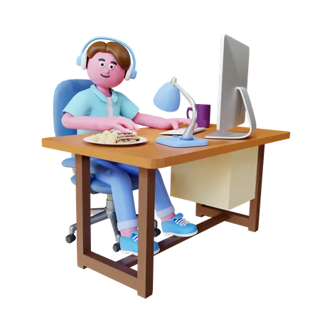 Young Man Work On Computer  3D Illustration