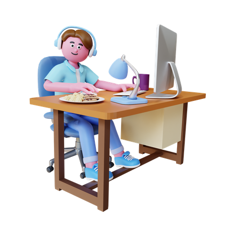 Young Man Work On Computer  3D Illustration