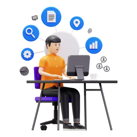 Young Man Working On Computer  3D Illustration