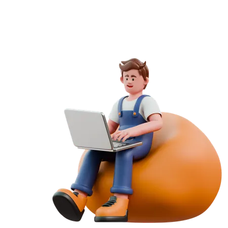 Young man working on laptop  3D Icon