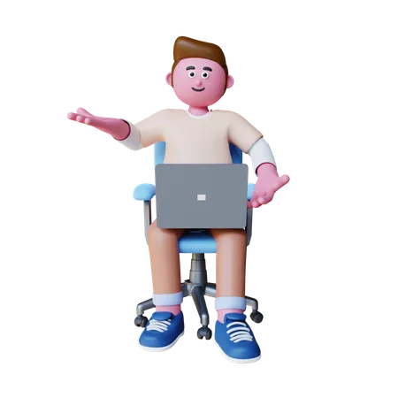 Young Man Working On Laptop And Sit On Chair 3D Illustration