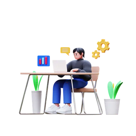 Young Man Working On Laptop At Office  3D Illustration