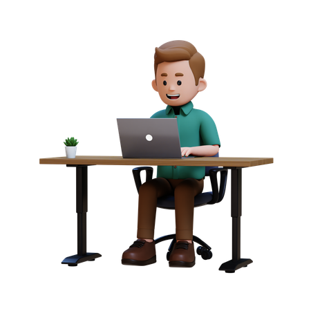 Young Man Working On Laptop At Office  3D Illustration