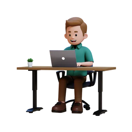 Young Man Working On Laptop At Office  3D Illustration