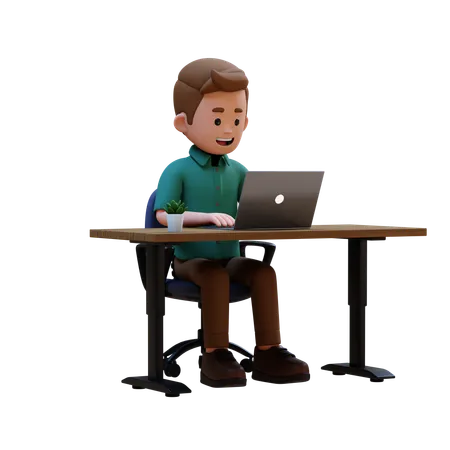 Young Man Working On Laptop At Workplace  3D Illustration