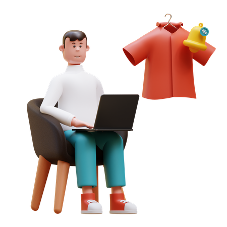 Young man Working on laptop while getting shopping sale notification  3D Illustration