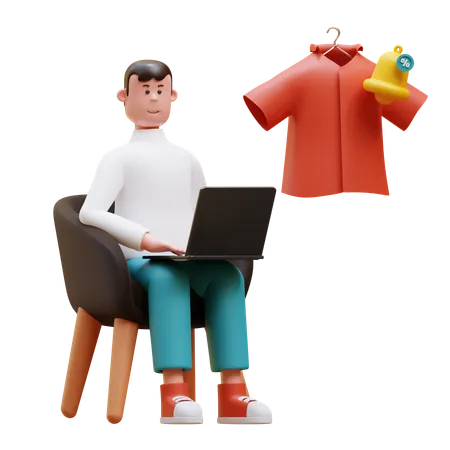 Young man Working on laptop while getting shopping sale notification  3D Illustration