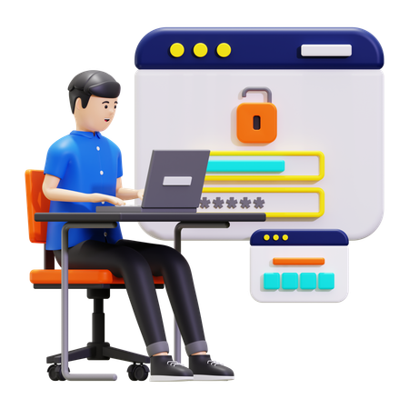 Young Man Working On Laptop While Login On Website  3D Illustration