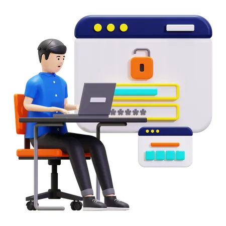 Young Man Working On Laptop While Login On Website  3D Illustration