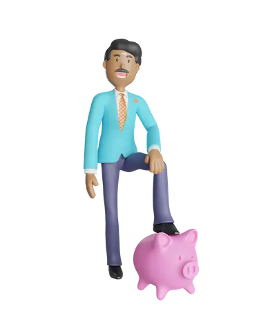Young south Indian businessman with piggy bank  3D Illustration