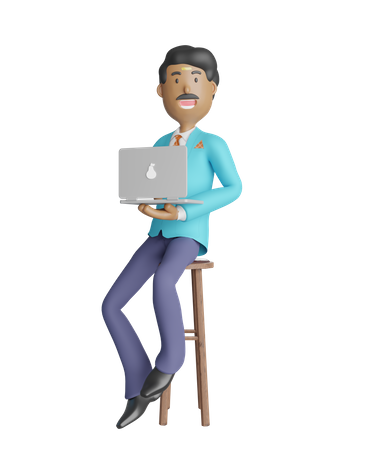 Young south Indian businessman working on laptop while sitting on chair  3D Illustration