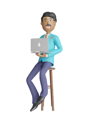 Young south Indian businessman working on laptop while sitting on chair  3D Illustration