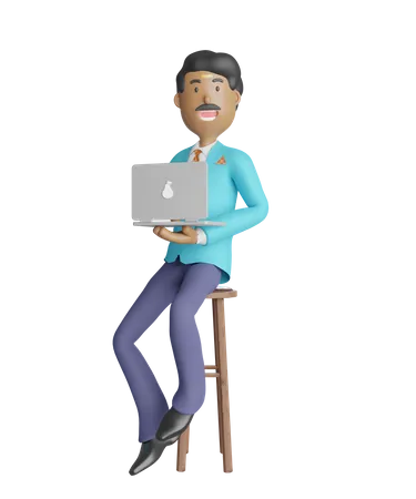Young south Indian businessman working on laptop while sitting on chair 3D Illustration