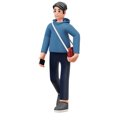 Young Student Walk Towards Campus 3D Illustration