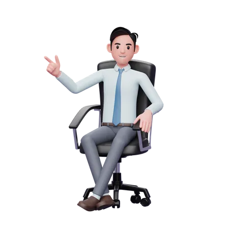 Young successful businessman sitting on a chair pointing up sideways 3D Illustration