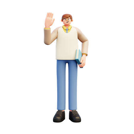 Young Teacher Holding Book While Waving Hand  3D Illustration
