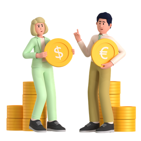 Young Woman And Man Exchange Currency  3D Illustration