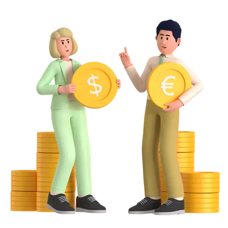 Young Woman And Man Exchange Currency  3D Illustration