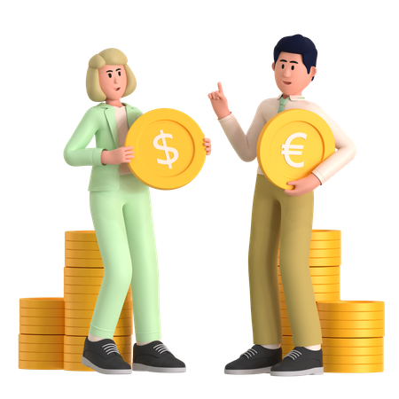 Young Woman And Man Exchange Currency  3D Icon