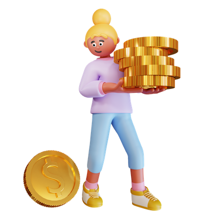 Young Woman Bring Dollar Coins  3D Illustration