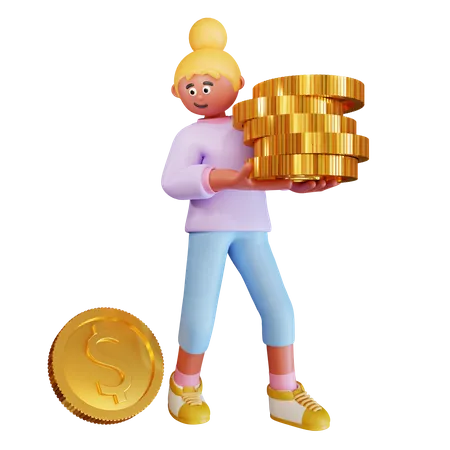 Young Woman Bring Dollar Coins  3D Illustration