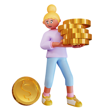 Young Woman Bring Dollar Coins 3D Illustration