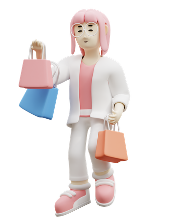 Young Woman Bring Shopping Bag  3D Icon