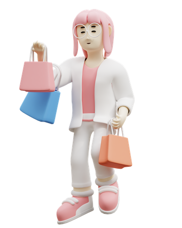 Young Woman Bring Shopping Bag  3D Icon