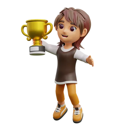 Young Woman Bring Trophy  3D Illustration