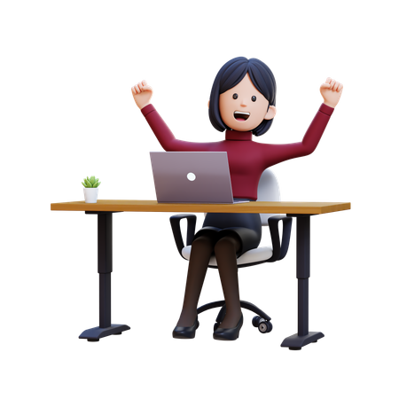 Young Woman Celebrating In Desk With Laptop  3D Illustration
