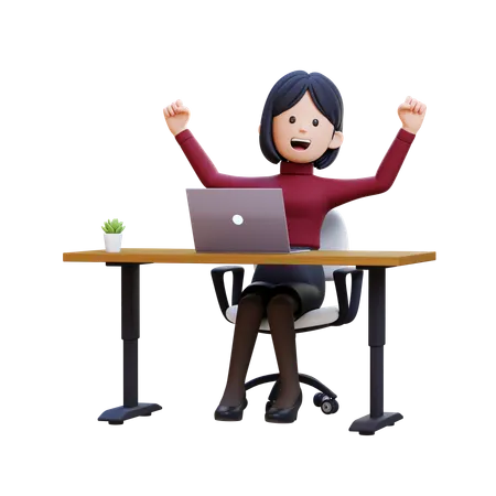 Young Woman Celebrating In Desk With Laptop  3D Illustration