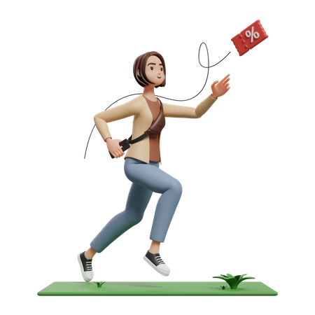 Young woman chasing discount while holding mobile during flash sale  3D Illustration