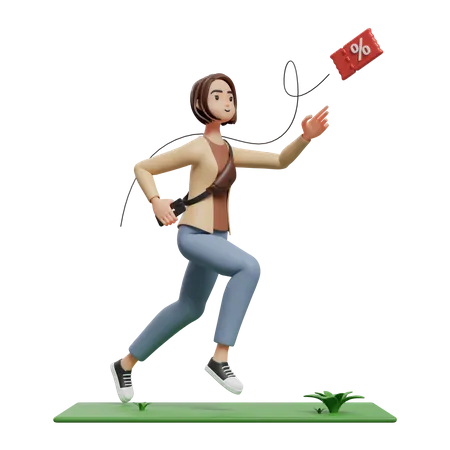 Young woman chasing discount while holding mobile during flash sale  3D Illustration