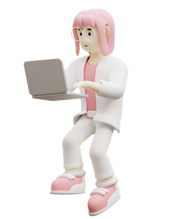 Young Woman Doing Work On Laptop  3D Icon