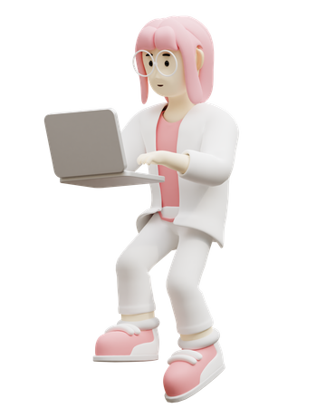 Young Woman Doing Work On Laptop  3D Icon