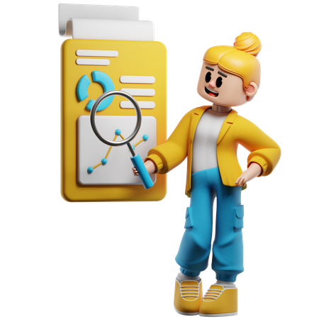 Young Woman Evaluates Statistics Of Financial Project  3D Illustration