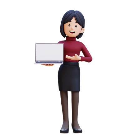 Young Woman Holding And Presenting To Laptop With Empty Screen  3D Illustration