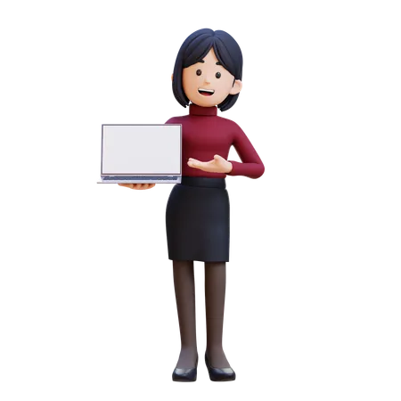 Young Woman Holding And Presenting To Laptop With Empty Screen  3D Illustration