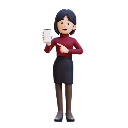 Young Woman Holding Cell Phone And Pointing To It  3D Illustration
